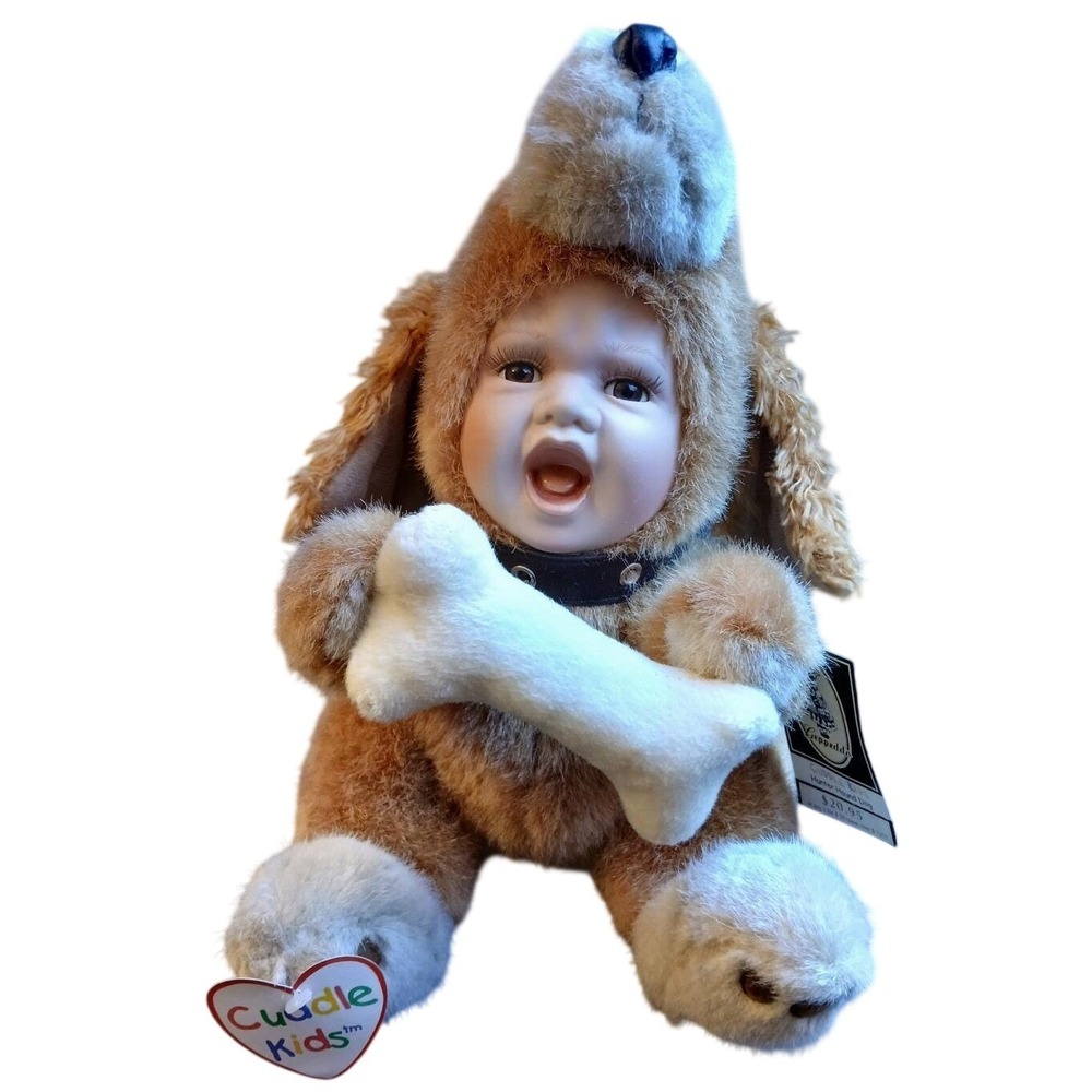 Geppeddo Cuddle Kids Hunter Hound Dog Porcelain Face Plush Doll Brown 2003 10in